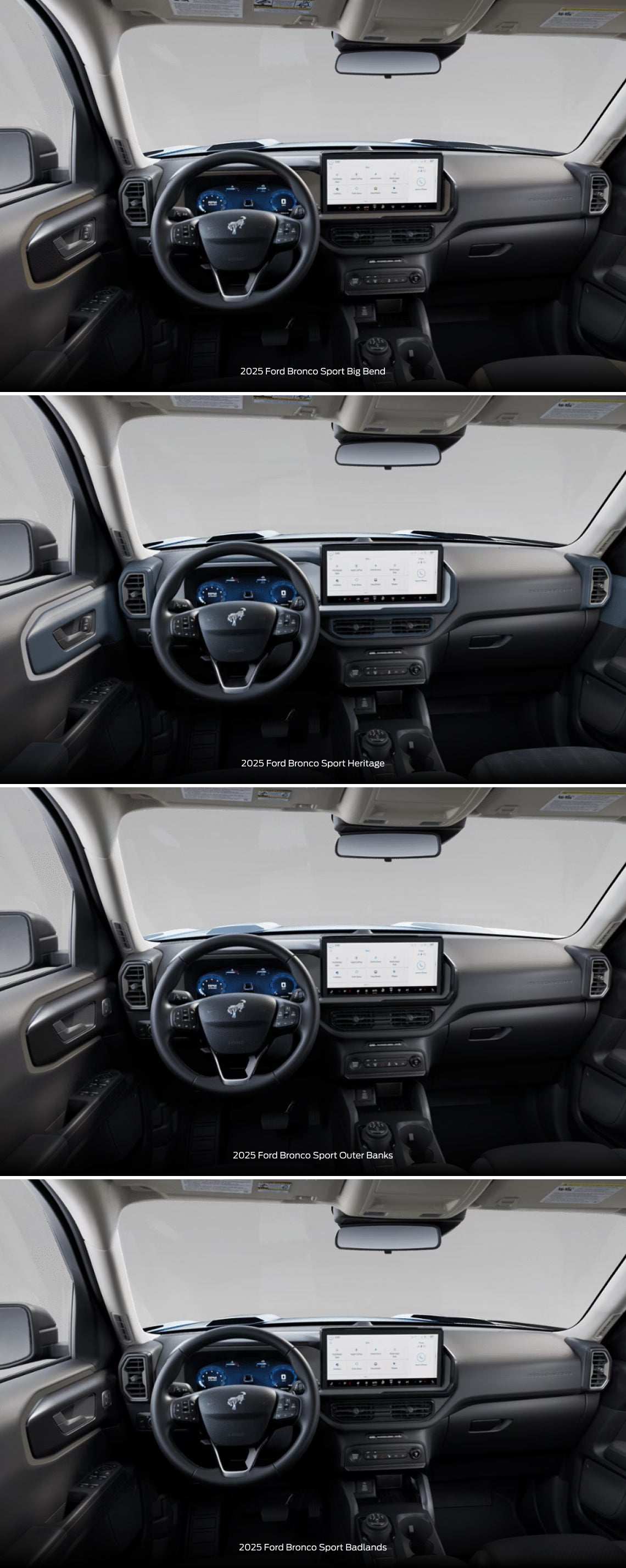 2025 Ford Bronco Sport Big Bend, Bronco Sport Heritage, Bronco Sport Outer Banks, and Bronco Sport Badlands interior